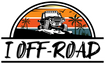 Off-road vehicle graphic with 'I Off-Road' text against a sunset and palm tree background.
